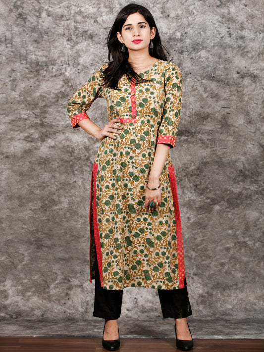 Beige Green Brown Hand Block Printed Kurta in Natural Colors - K122F1369