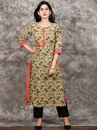 Beige Green Brown Hand Block Printed Kurta in Natural Colors - K122F1369