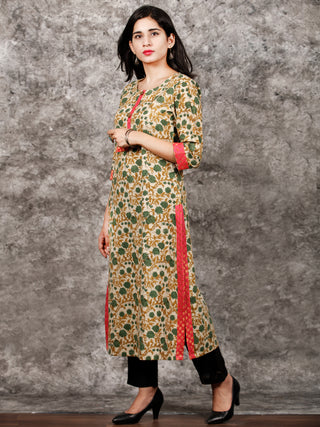 Beige Green Brown Hand Block Printed Kurta in Natural Colors - K122F1369