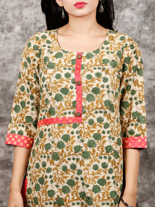 Beige Green Brown Hand Block Printed Kurta in Natural Colors - K122F1369