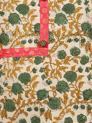 Beige Green Brown Hand Block Printed Kurta in Natural Colors - K122F1369