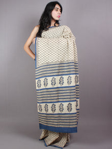 Ivory Blue Cotton Hand Block Printed Saree - S03170408