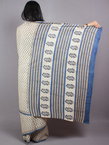 Ivory Blue Cotton Hand Block Printed Saree - S03170408