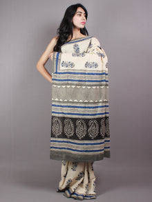 Ivory Blue Cotton Hand Block Printed Saree - S03170409