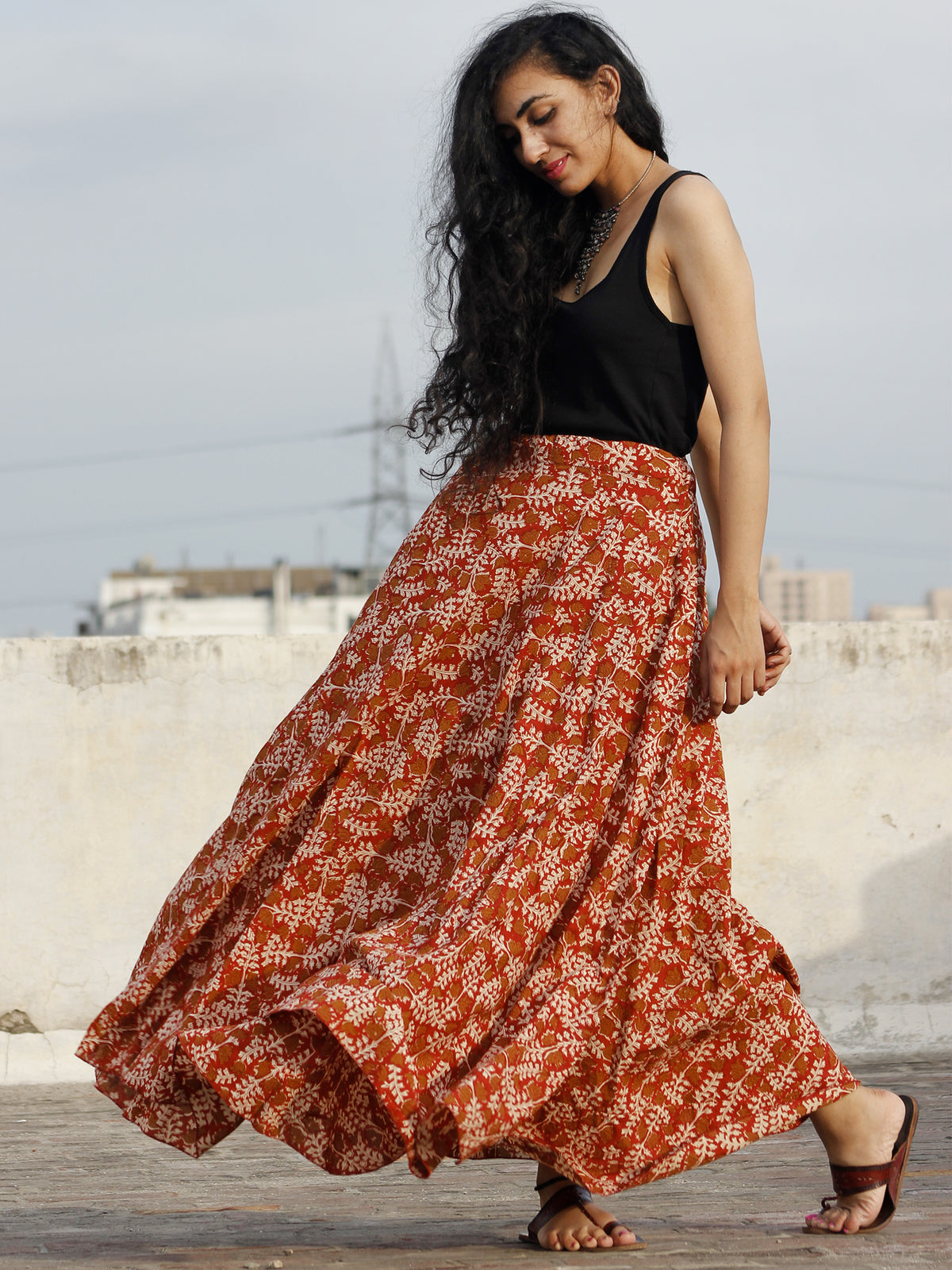 Hand Block Printed Wrap Around Skirt In Red Ivory Mustard - S40F592