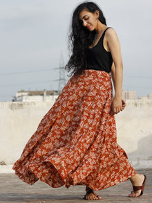 Hand Block Printed Wrap Around Skirt In Red Ivory Mustard - S40F592