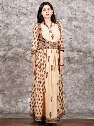 Naaz Afreen - Beige Maroon Black Hand Block Printed Long Gathers Dress With Lining - DS55F001