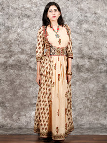Naaz Afreen - Beige Maroon Black Hand Block Printed Long Gathers Dress With Lining - DS55F001