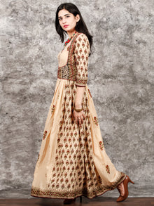 Naaz Afreen - Beige Maroon Black Hand Block Printed Long Gathers Dress With Lining - DS55F001
