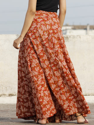 Hand Block Printed Wrap Around Skirt In Red Ivory Mustard - S40F592