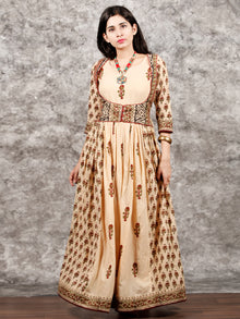 Naaz Afreen - Beige Maroon Black Hand Block Printed Long Gathers Dress With Lining - DS55F001