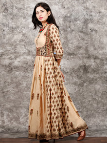 Naaz Afreen - Beige Maroon Black Hand Block Printed Long Gathers Dress With Lining - DS55F001