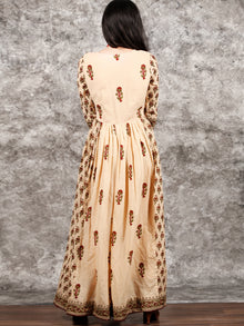 Naaz Afreen - Beige Maroon Black Hand Block Printed Long Gathers Dress With Lining - DS55F001