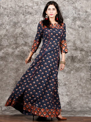 Indigo Mustard Red Hand Block Printed Long Cotton Dress With Pin tucks Details  - D186F998