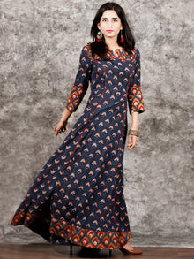 Indigo Mustard Red Hand Block Printed Long Cotton Dress With Pin tucks Details  - D186F998