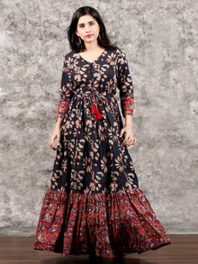Indigo Brown Red Hand Block Printed Long Cotton Tie Up Waist Dress -  D170F1352