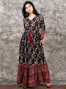 Indigo Brown Red Hand Block Printed Long Cotton Tie Up Waist Dress -  D170F1352