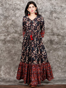 Indigo Brown Red Hand Block Printed Long Cotton Tie Up Waist Dress -  D170F1352