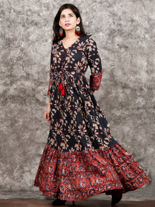 Indigo Brown Red Hand Block Printed Long Cotton Tie Up Waist Dress -  D170F1352