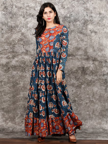 Indigo Rust Ivory Red Long Hand Block Printed Cotton Tier Dress - D139F1312