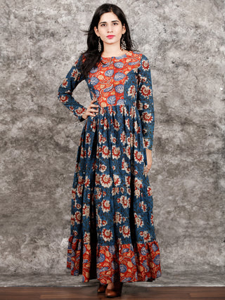 Indigo Rust Ivory Red Long Hand Block Printed Cotton Tier Dress - D139F1312