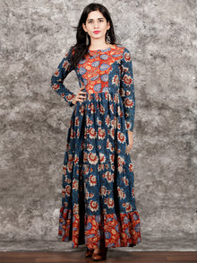 Indigo Rust Ivory Red Long Hand Block Printed Cotton Tier Dress - D139F1312