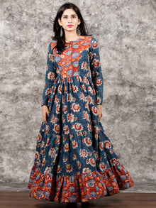 Indigo Rust Ivory Red Long Hand Block Printed Cotton Tier Dress - D139F1312