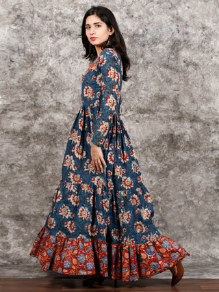 Indigo Rust Ivory Red Long Hand Block Printed Cotton Tier Dress - D139F1312