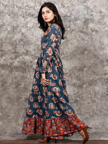Indigo Rust Ivory Red Long Hand Block Printed Cotton Tier Dress - D139F1312