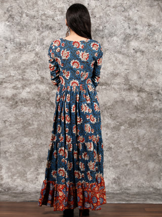 Indigo Rust Ivory Red Long Hand Block Printed Cotton Tier Dress - D139F1312
