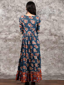 Indigo Rust Ivory Red Long Hand Block Printed Cotton Tier Dress - D139F1312