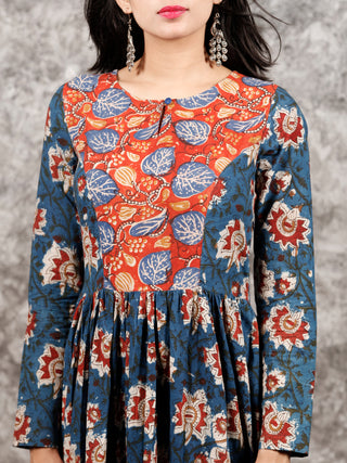 Indigo Rust Ivory Red Long Hand Block Printed Cotton Tier Dress - D139F1312