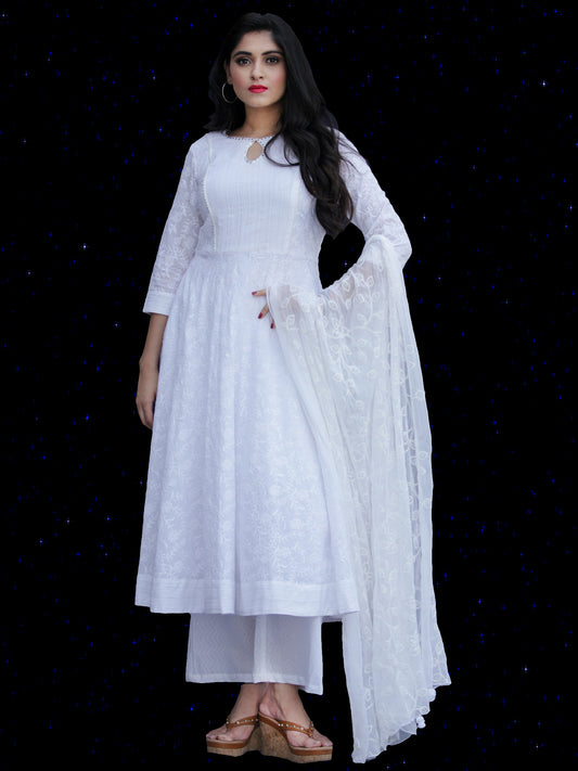 Chandni Sabd - Embroidered Cotton Kurta Palazzo Set With Chiffon Dupatta - KS37SFP02BWD