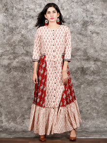 White Red Black Bagh Printed Panelled Cotton Long Dress With Front Open - D293F1719