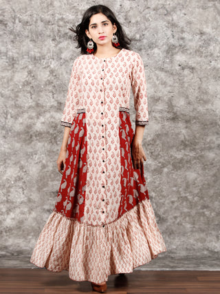 White Red Black Bagh Printed Panelled Cotton Long Dress With Front Open - D293F1719