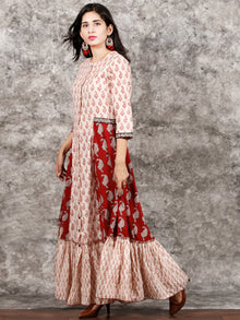 White Red Black Bagh Printed Panelled Cotton Long Dress With Front Open - D293F1719