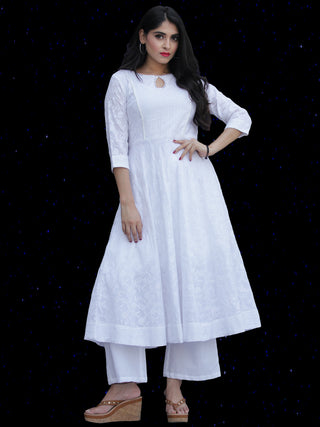 Chandni Sabd - Embroidered Cotton Kurta Palazzo Set With Chiffon Dupatta - KS37SFP02BWD