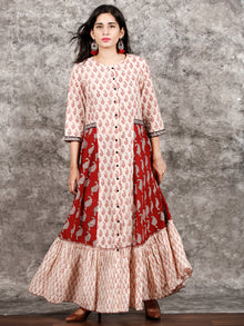 White Red Black Bagh Printed Panelled Cotton Long Dress With Front Open - D293F1719