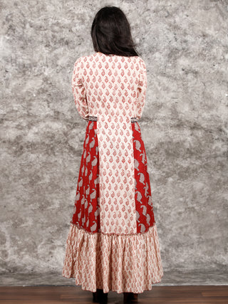 White Red Black Bagh Printed Panelled Cotton Long Dress With Front Open - D293F1719