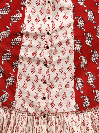 White Red Black Bagh Printed Panelled Cotton Long Dress With Front Open - D293F1719