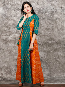 Green Orange Yellow Hand Woven Cotton Mercerized Ikat Princess Cut Cotton Long Dress - D308F1572