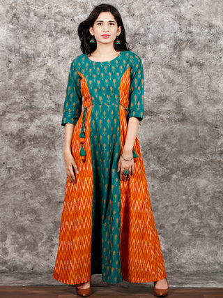Green Orange Yellow Hand Woven Cotton Mercerized Ikat Princess Cut Cotton Long Dress - D308F1572