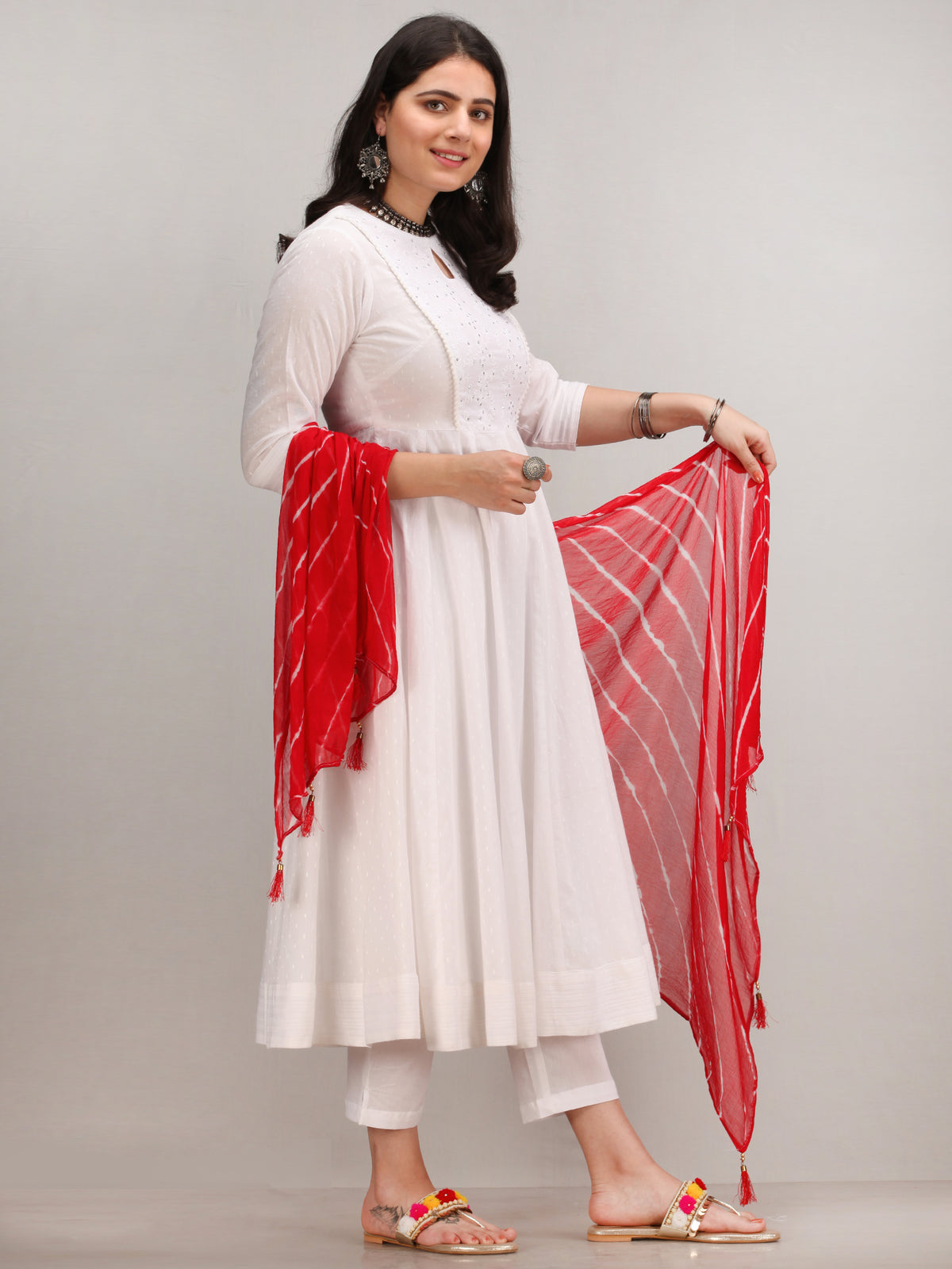 Noor Aashreen - Self Embroidered Anarkali Kurta Pant Set With Leheriya Dupatta - KS37AXXD4