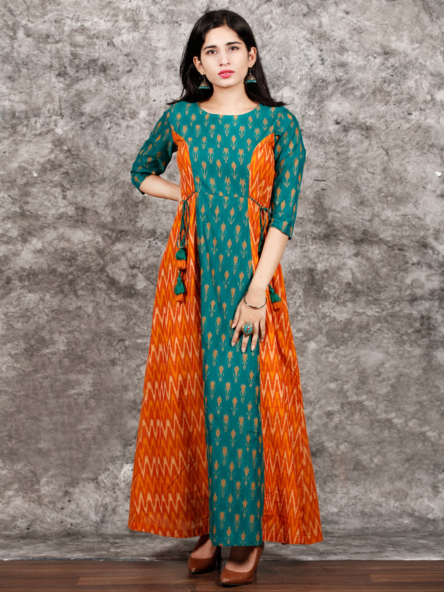 Green Orange Yellow Hand Woven Cotton Mercerized Ikat Princess Cut Cot InduBindu Green Orange Yellow Hand Woven Cotton Mercerized Ikat Princess Cut Cot InduBindu