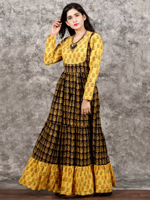 Yellow Black Maroon Bagh Printed Cotton Long Tier Dress  - D135F1701