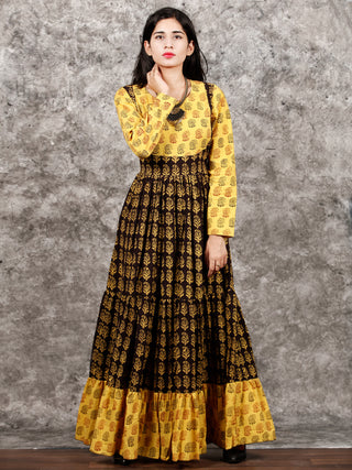 Yellow Black Maroon Bagh Printed Cotton Long Tier Dress  - D135F1701