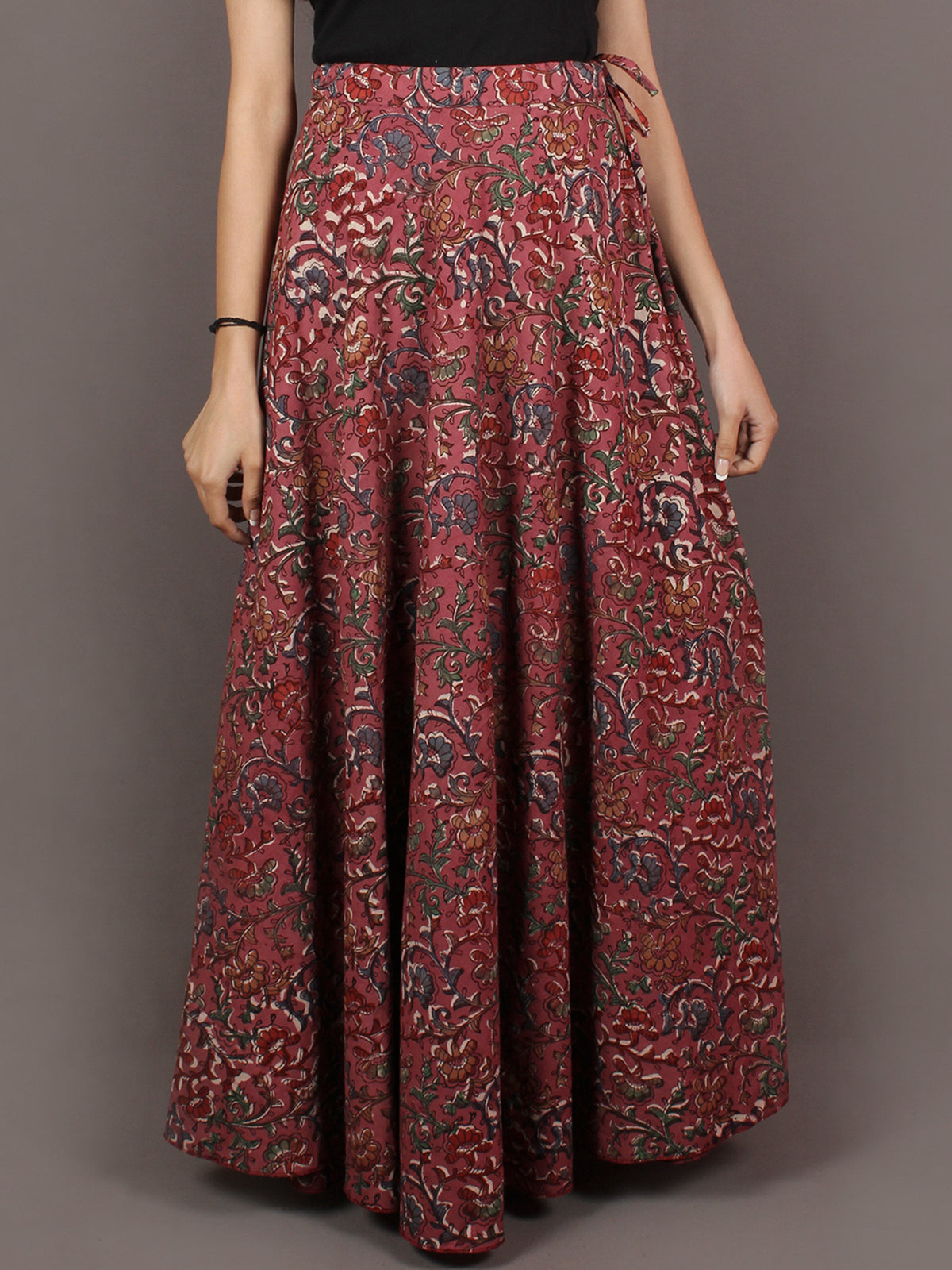 Hand Block Printed Wrap Around Skirt In Salmon Pink Multi Colour - S401001