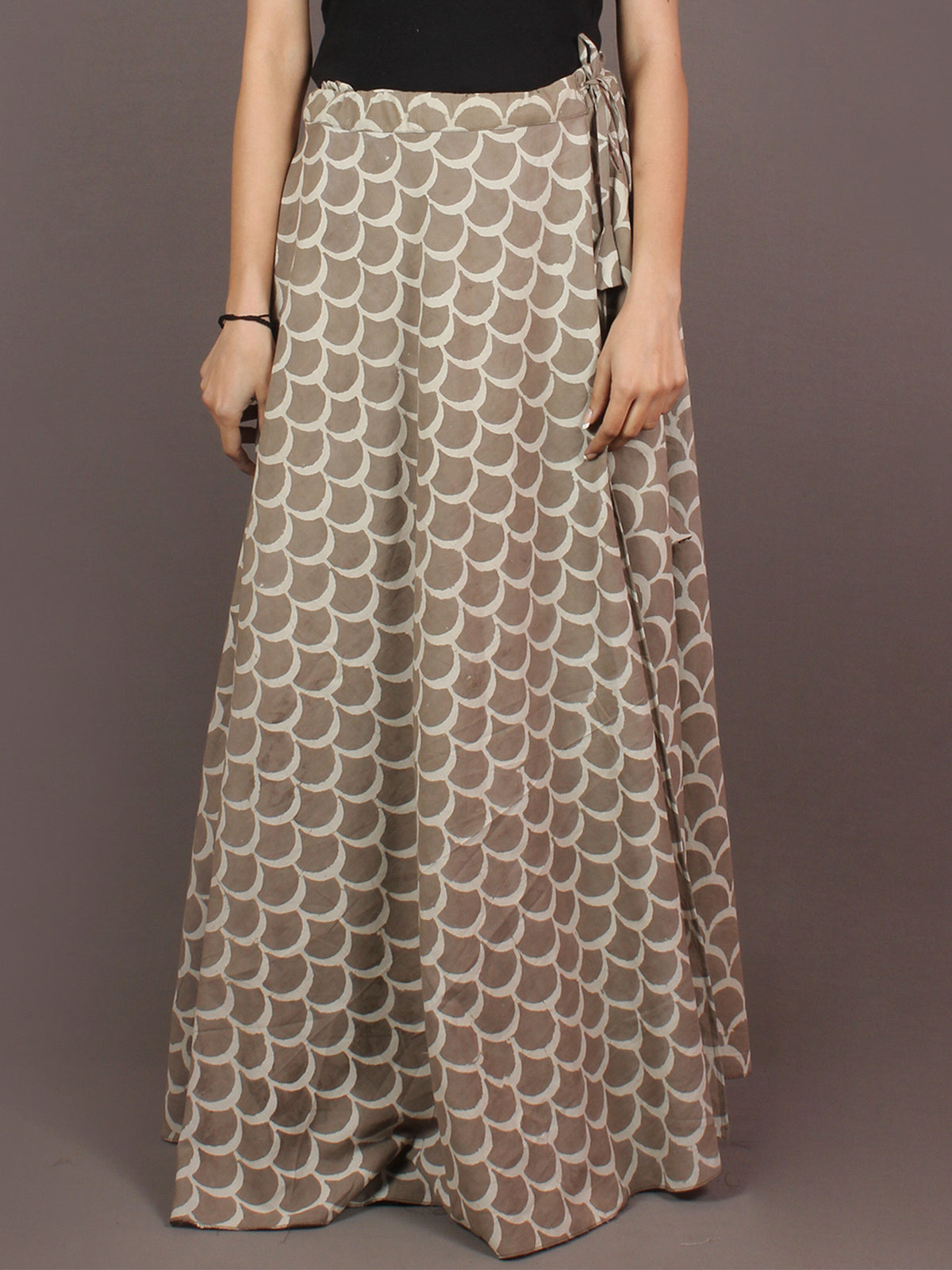 Hand Block Printed Wrap Around Skirt In Ivory Brown - S4010010