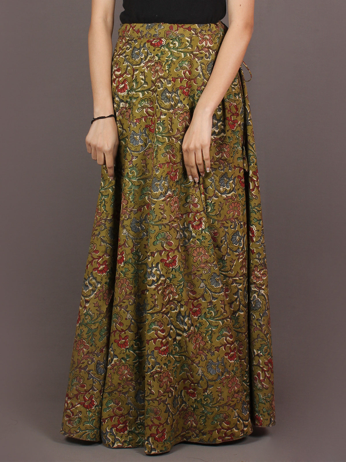 Hand Block Printed Wrap Around Skirt In Asparagus Green Multi Colour - S4010011