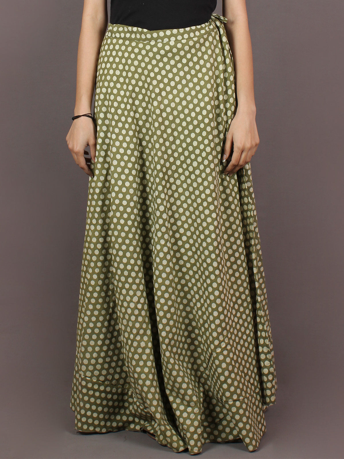 Hand Block Printed Wrap Around Skirt In Green White - S401006